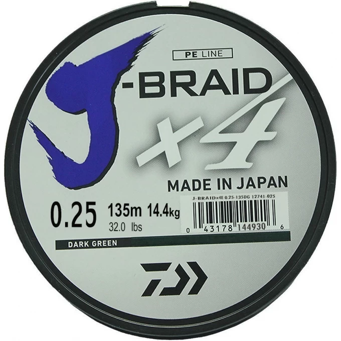 Шнур DAIWA J-Braid X4 0,25мм 135м Dark green 12741-025 Шнур DAIWA J-Braid X4 0,25мм 135м Dark green 12741-025